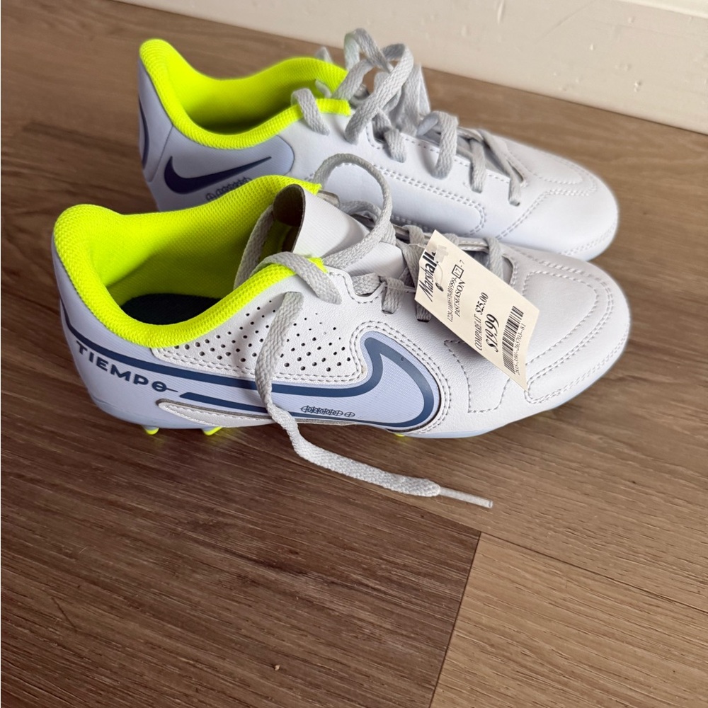 Nike Kids Tiempo Soccer Cleats - White & Neon Yellow